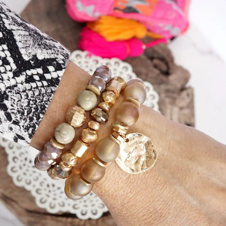 Rose Pink Boho Beads Coin Bracelet Set