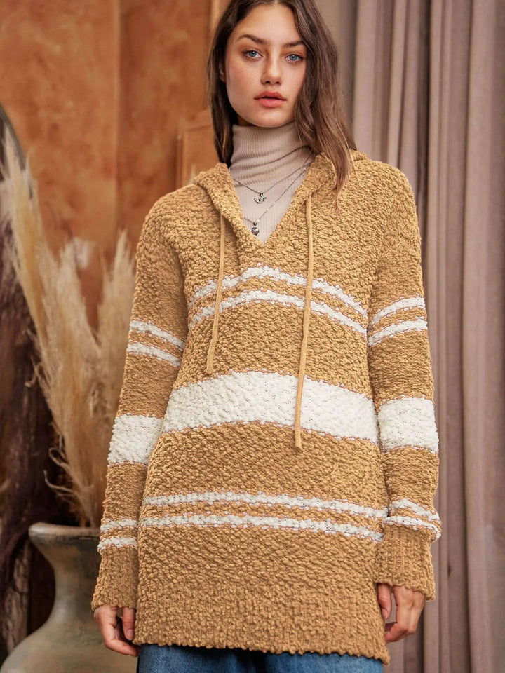 Camel Stripe Popcorn Hoodie Sweater