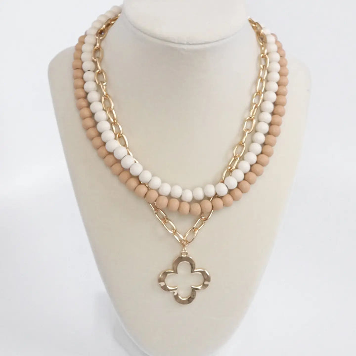 Beige Wood & Gold Paperclip Chain Necklace