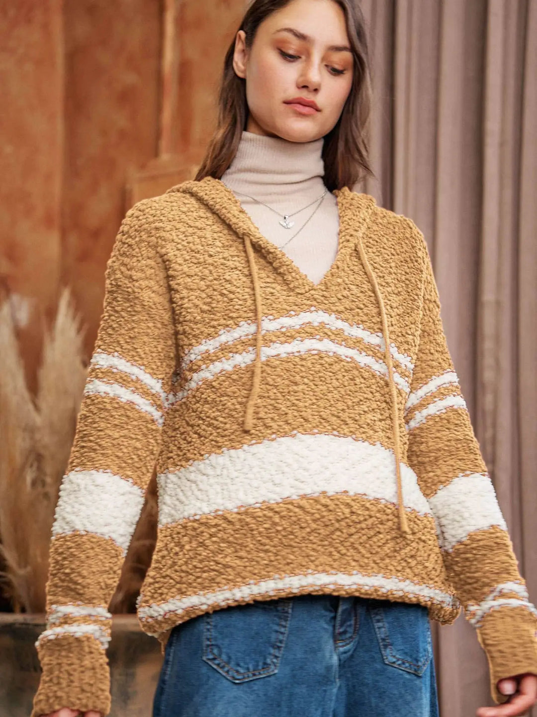 Camel Stripe Popcorn Hoodie Sweater