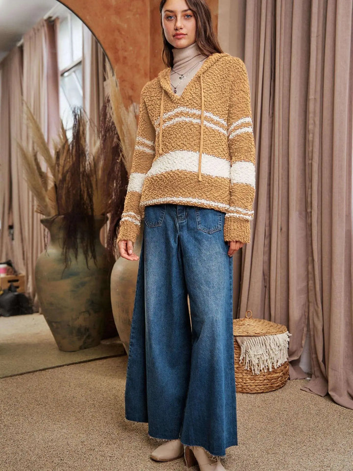 Camel Stripe Popcorn Hoodie Sweater