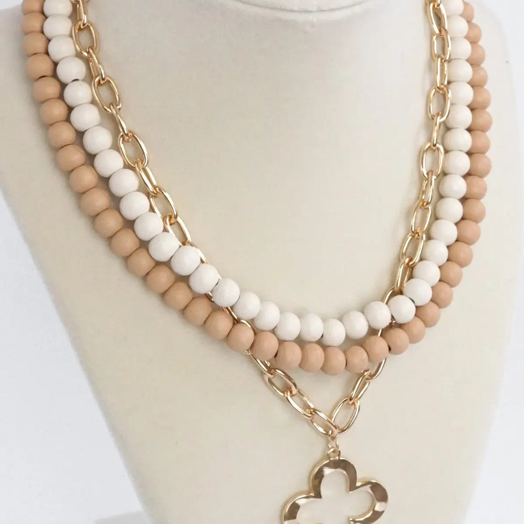 Beige Wood & Gold Paperclip Chain Necklace