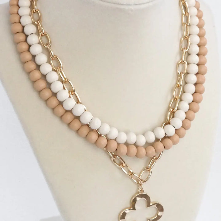 Beige Wood & Gold Paperclip Chain Necklace