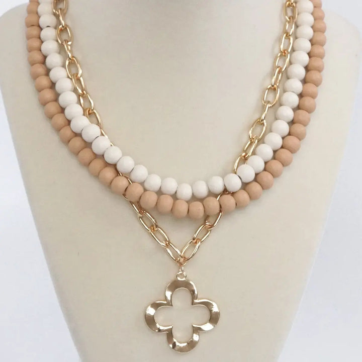 Beige Wood & Gold Paperclip Chain Necklace