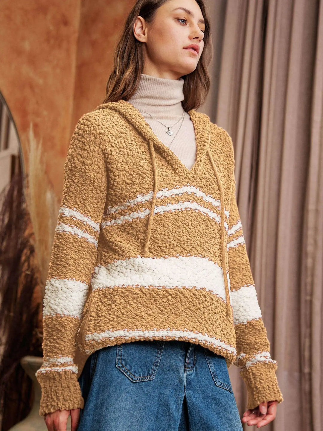 Camel Stripe Popcorn Hoodie Sweater