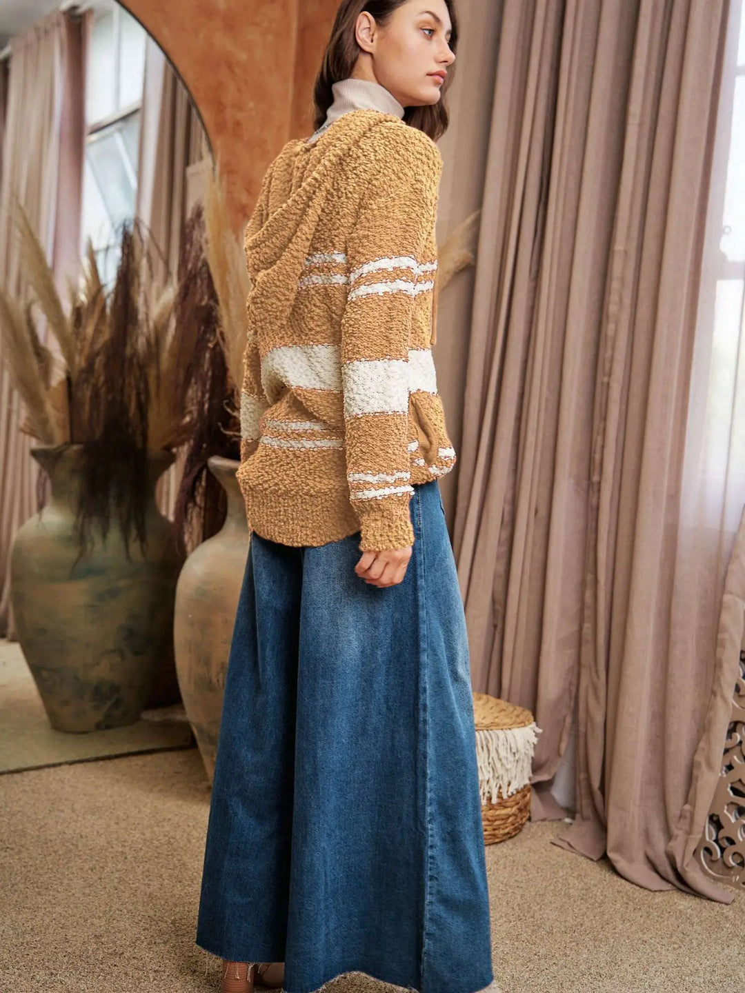Camel Stripe Popcorn Hoodie Sweater