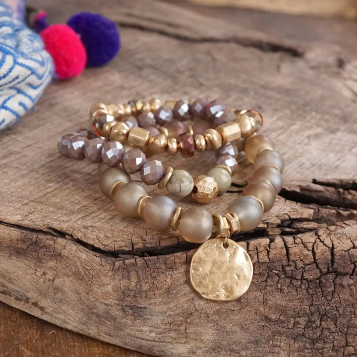 Rose Pink Boho Beads Coin Bracelet Set