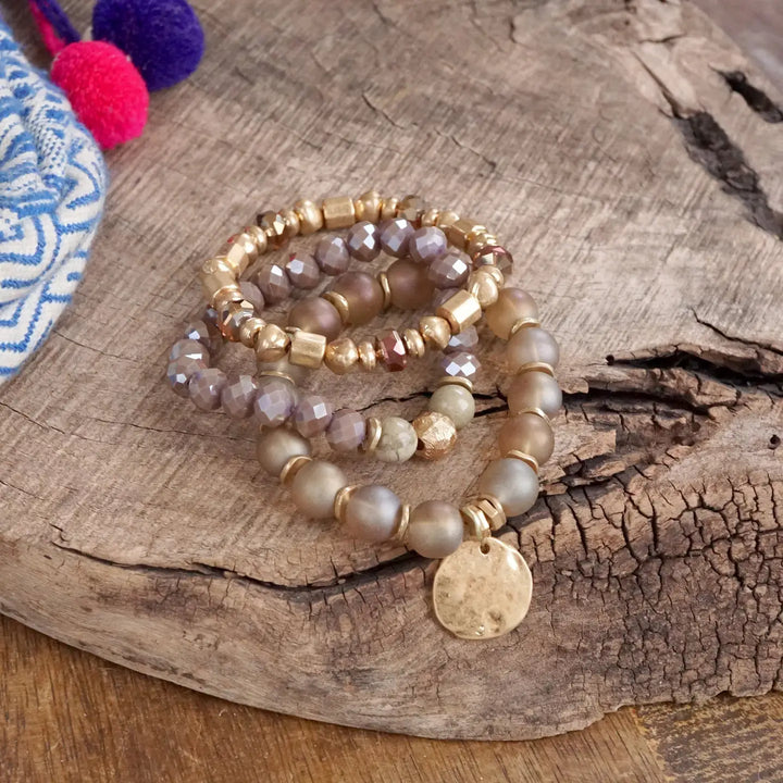 Rose Pink Boho Beads Coin Bracelet Set