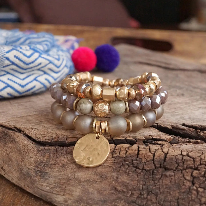 Rose Pink Boho Beads Coin Bracelet Set