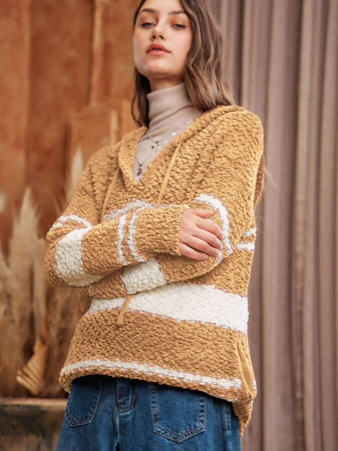 Camel Stripe Popcorn Hoodie Sweater