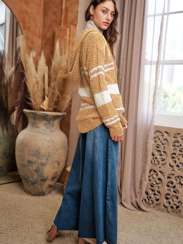Camel Stripe Popcorn Hoodie Sweater