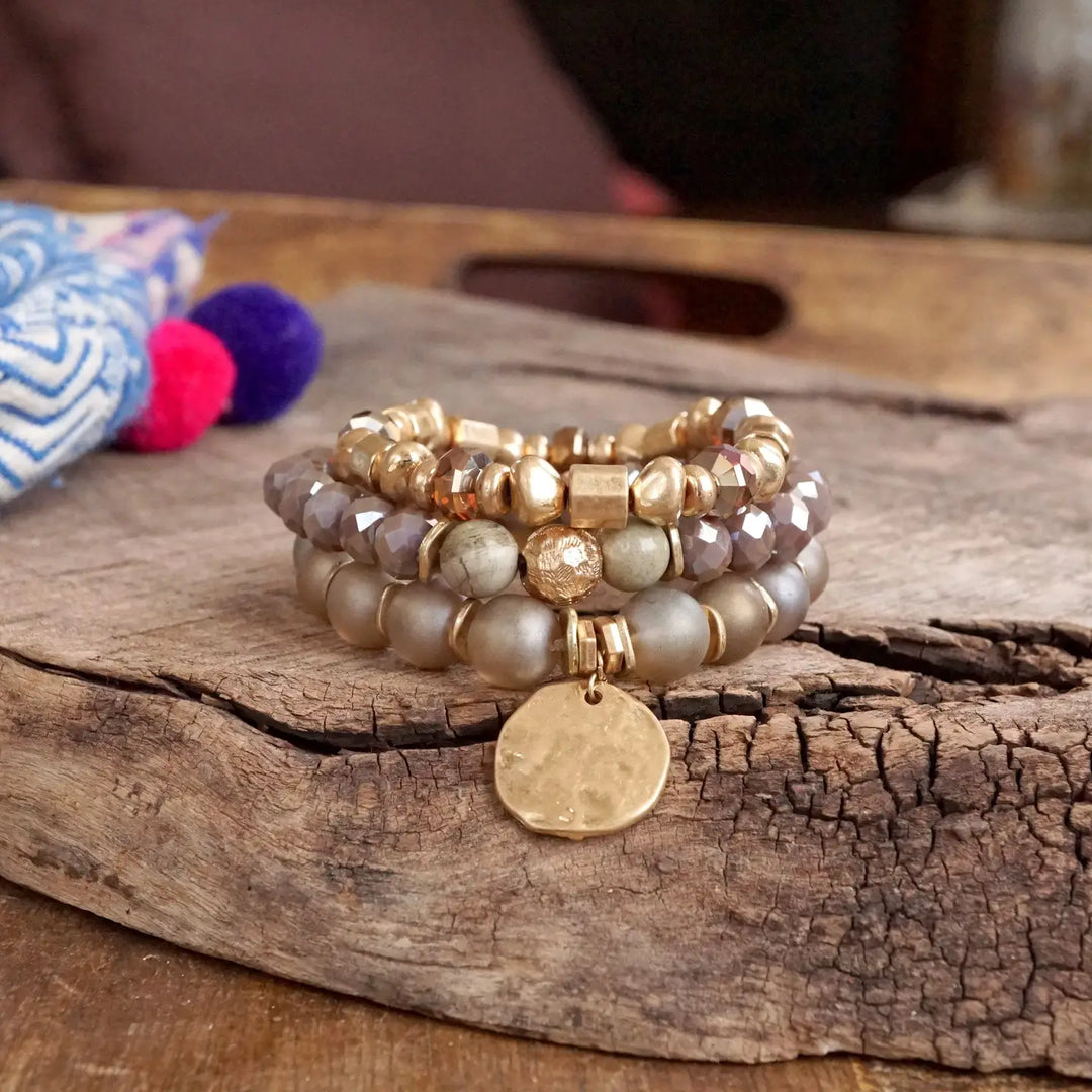 Rose Pink Boho Beads Coin Bracelet Set