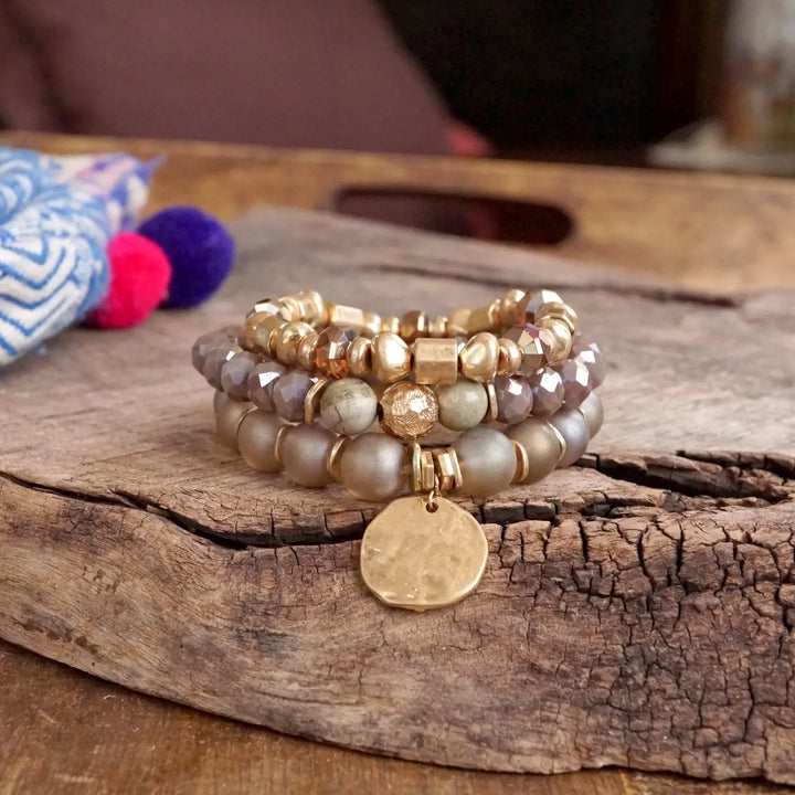Rose Pink Boho Beads Coin Bracelet Set